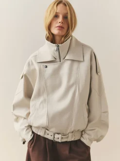 Nothing Ordinary Stone Faux Leather Funnel Collared Biker Jacket