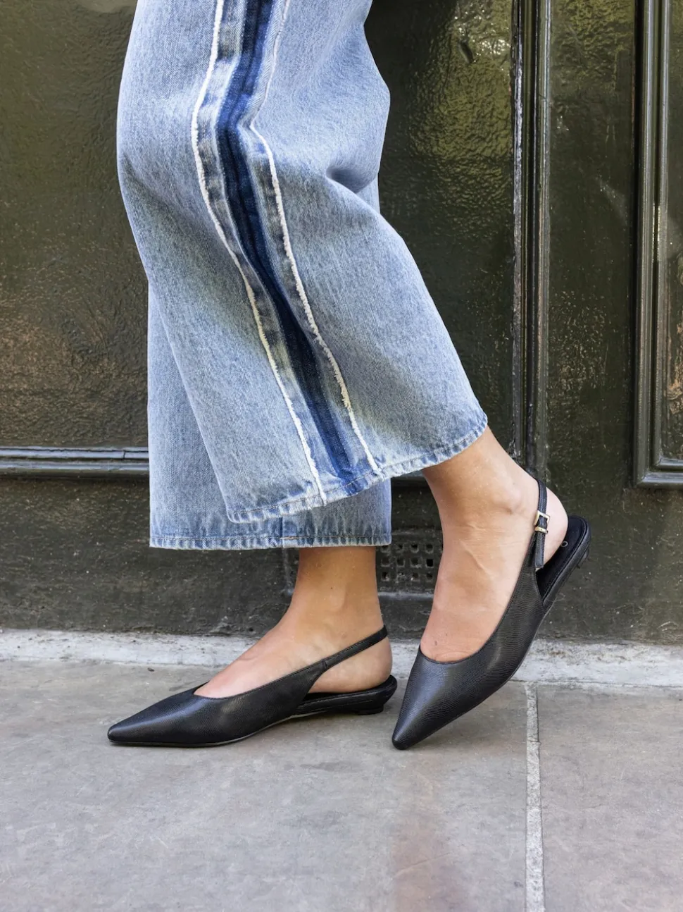 Novo Black Clover Point Toe Low Heel Slingback Shoes
