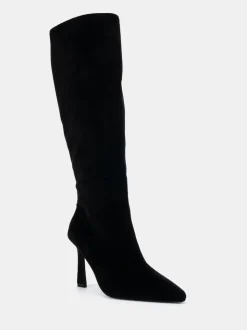 Novo Black Velvet Galaxy Point Toe Stiletto Stretch Knee Boots