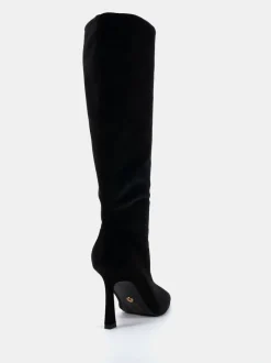 Novo Black Velvet Galaxy Point Toe Stiletto Stretch Knee Boots