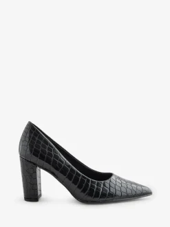 Novo Black Wide Fit Illiana Point Toe Block Heel Courts