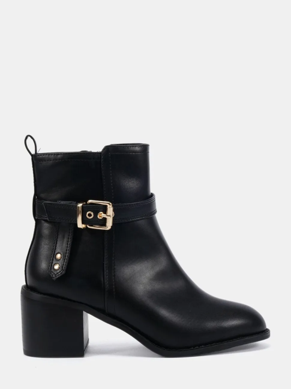 Novo Black Wide Fit Wide Fit Jasmine Round Toe Block Heel Buckle Detail Ankle Boots