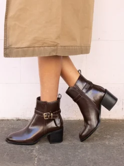 Novo Brown Wide Fit Wide Fit Jasmine Round Toe Block Heel Buckle Detail Ankle Boots