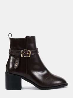 Novo Brown Wide Fit Wide Fit Jasmine Round Toe Block Heel Buckle Detail Ankle Boots