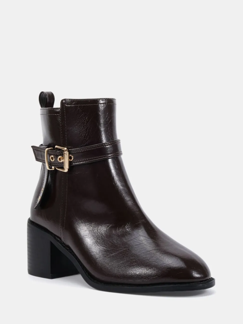 Novo Brown Wide Fit Wide Fit Jasmine Round Toe Block Heel Buckle Detail Ankle Boots