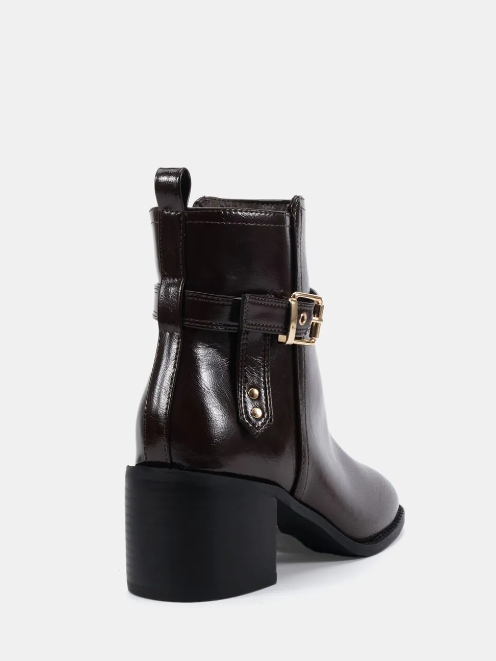 Novo Brown Wide Fit Wide Fit Jasmine Round Toe Block Heel Buckle Detail Ankle Boots