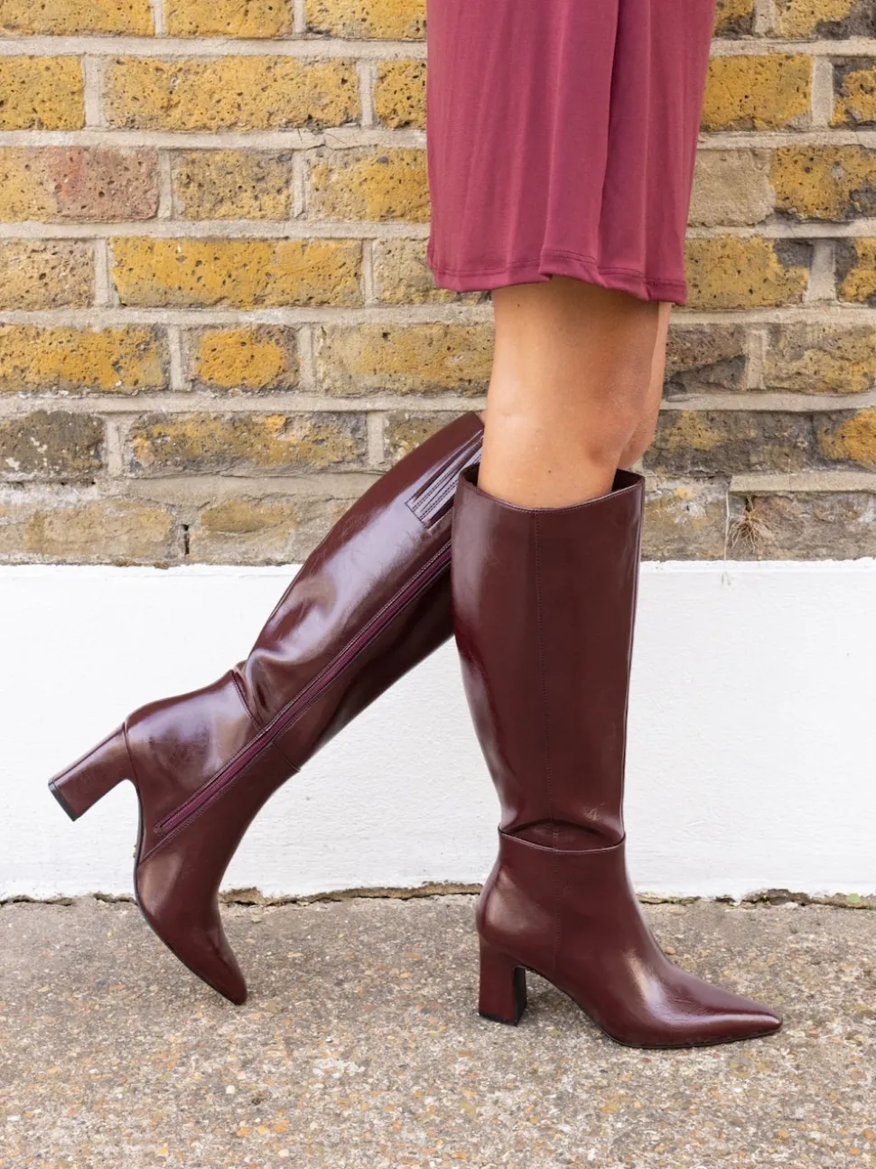 Novo Red Wide Fit Gala Point Toe Block Heel Knee Boots