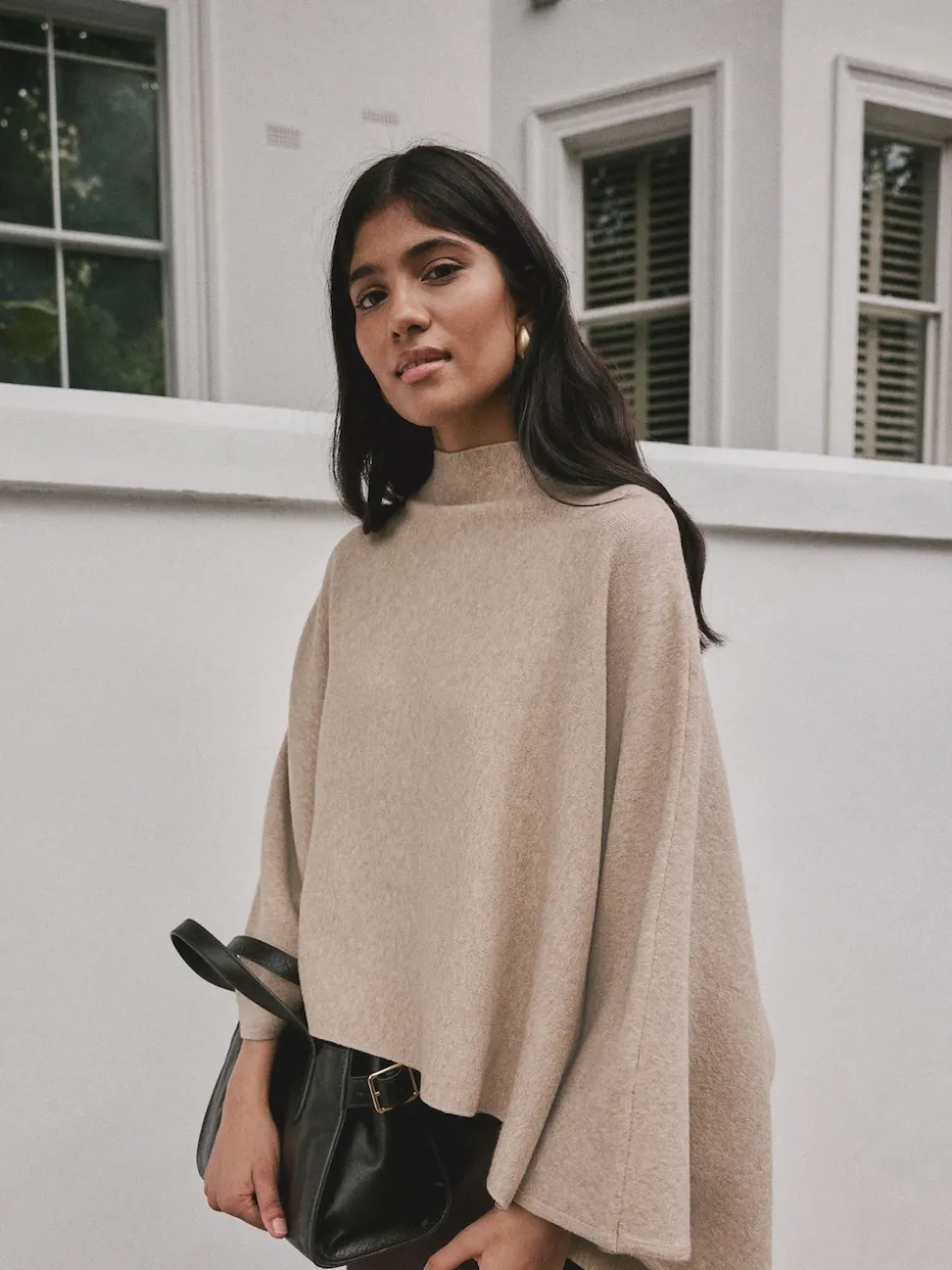 Oatmeal Fine Knit Cape Poncho