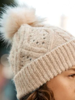 Oatmeal Pointelle Knit Pom Hat