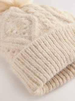 Oatmeal Pointelle Knit Pom Hat