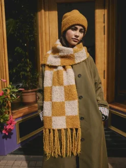 Ochre Yellow Checkerboard Boucle Knitted Heavweight Scarf