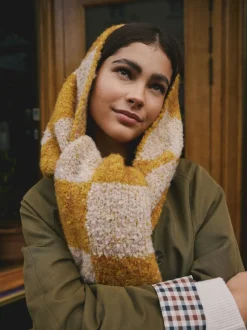 Ochre Yellow Checkerboard Boucle Knitted Heavweight Scarf