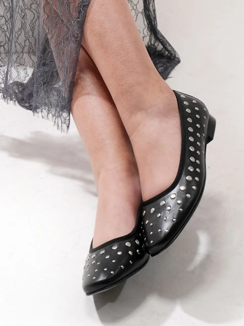 Off The Hook Black Dollis Leather Studded Ballerina Flats