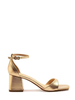 Off The Hook Gold Knightsbridge Leather Block Heel Ankle Strap Sandals