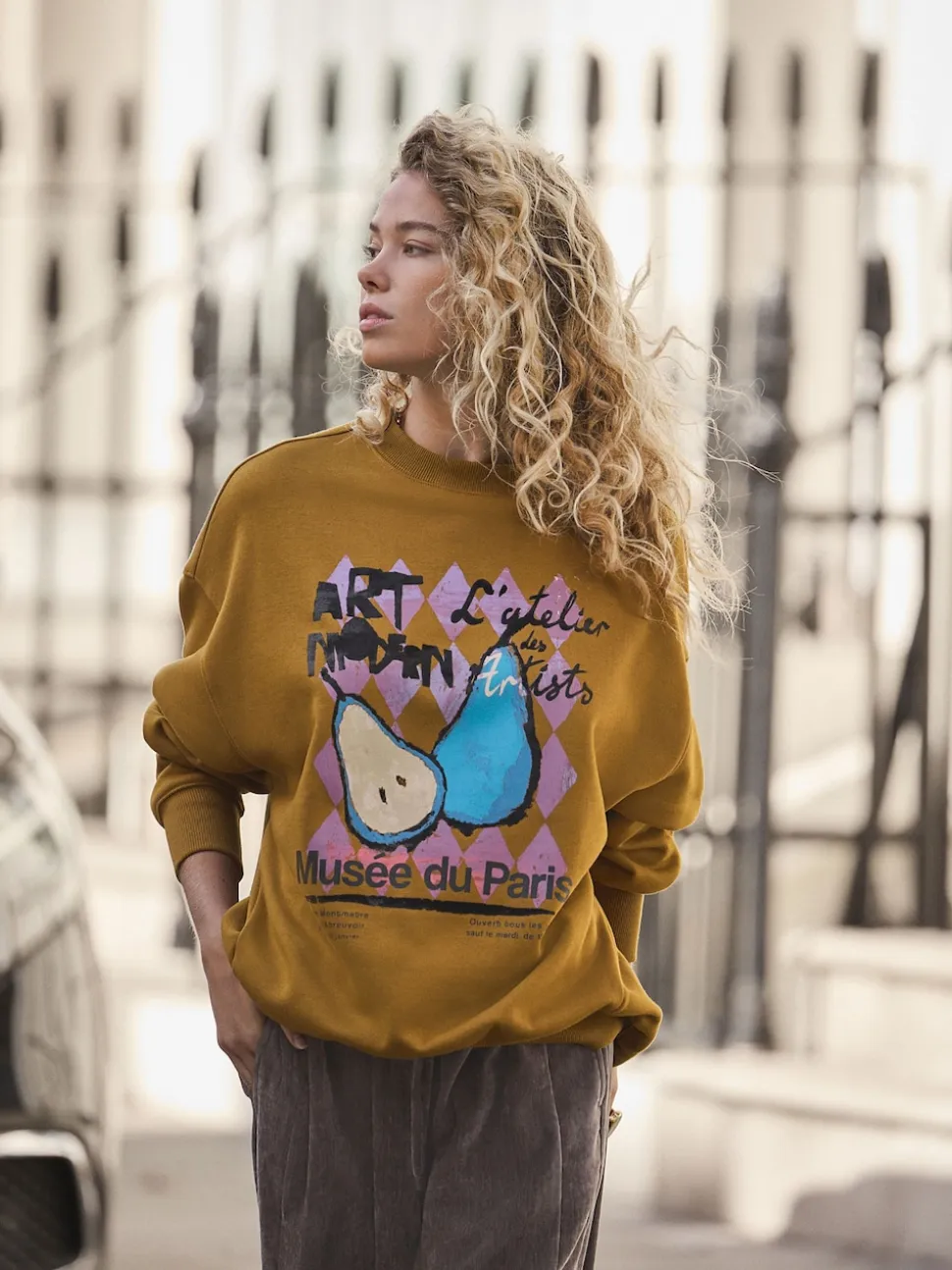 Olive Green Cotton Rich Fruit Art Graphic Longsleeve Crewneck Sweatshirt