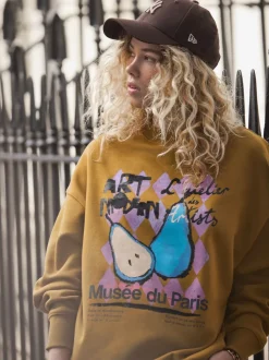 Olive Green Cotton Rich Fruit Art Graphic Longsleeve Crewneck Sweatshirt