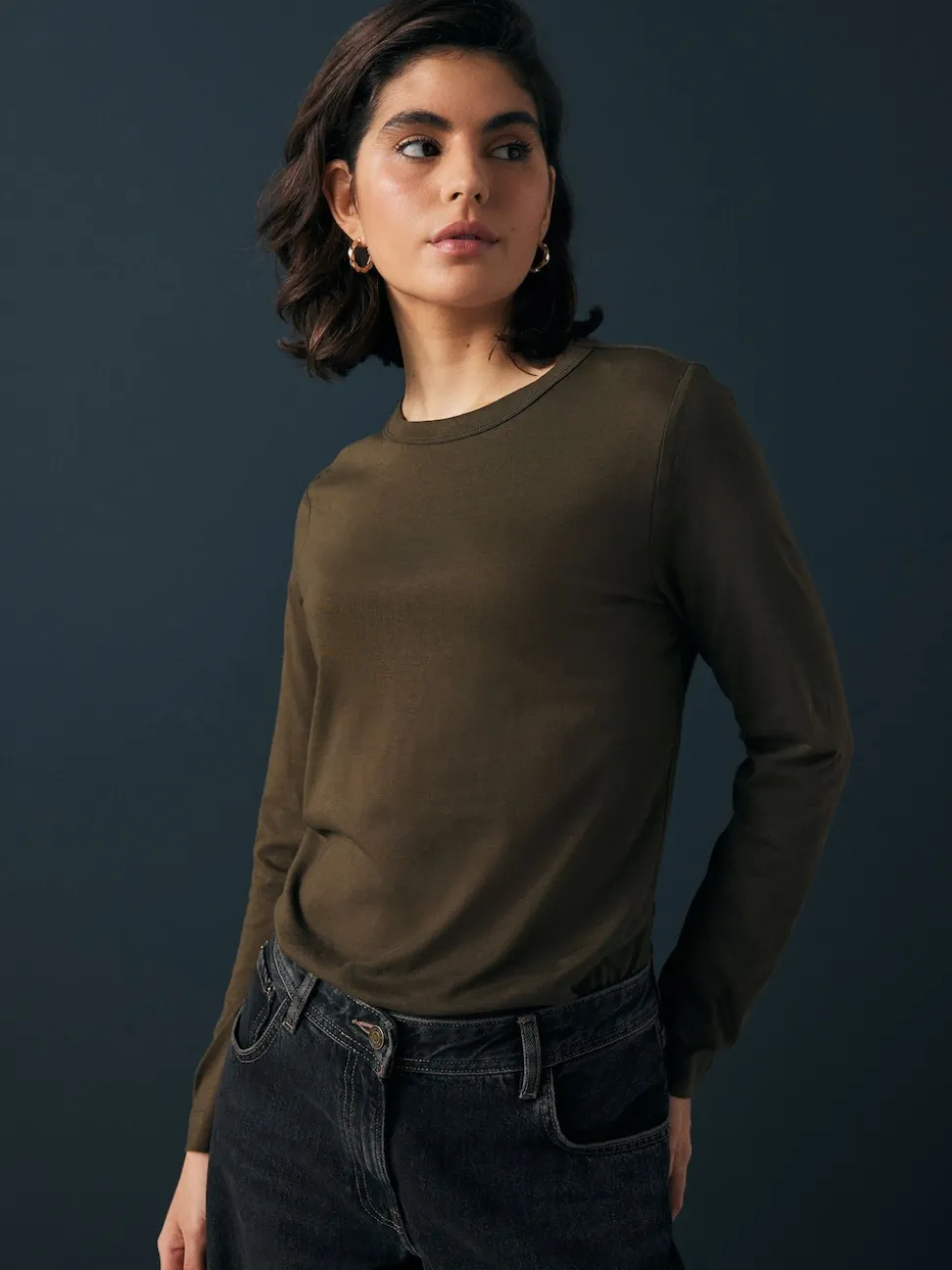 Olive Green Long Sleeve Crew Neck T-Shirt