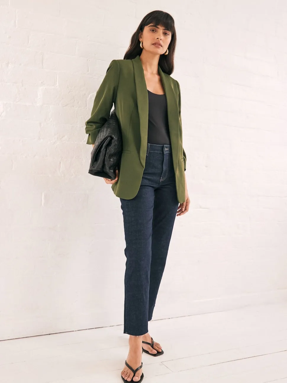 Olive Green Relaxed Ruched Sleeve Blazer