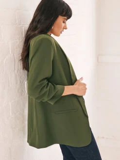 Olive Green Relaxed Ruched Sleeve Blazer