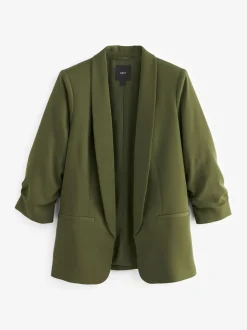 Olive Green Relaxed Ruched Sleeve Blazer