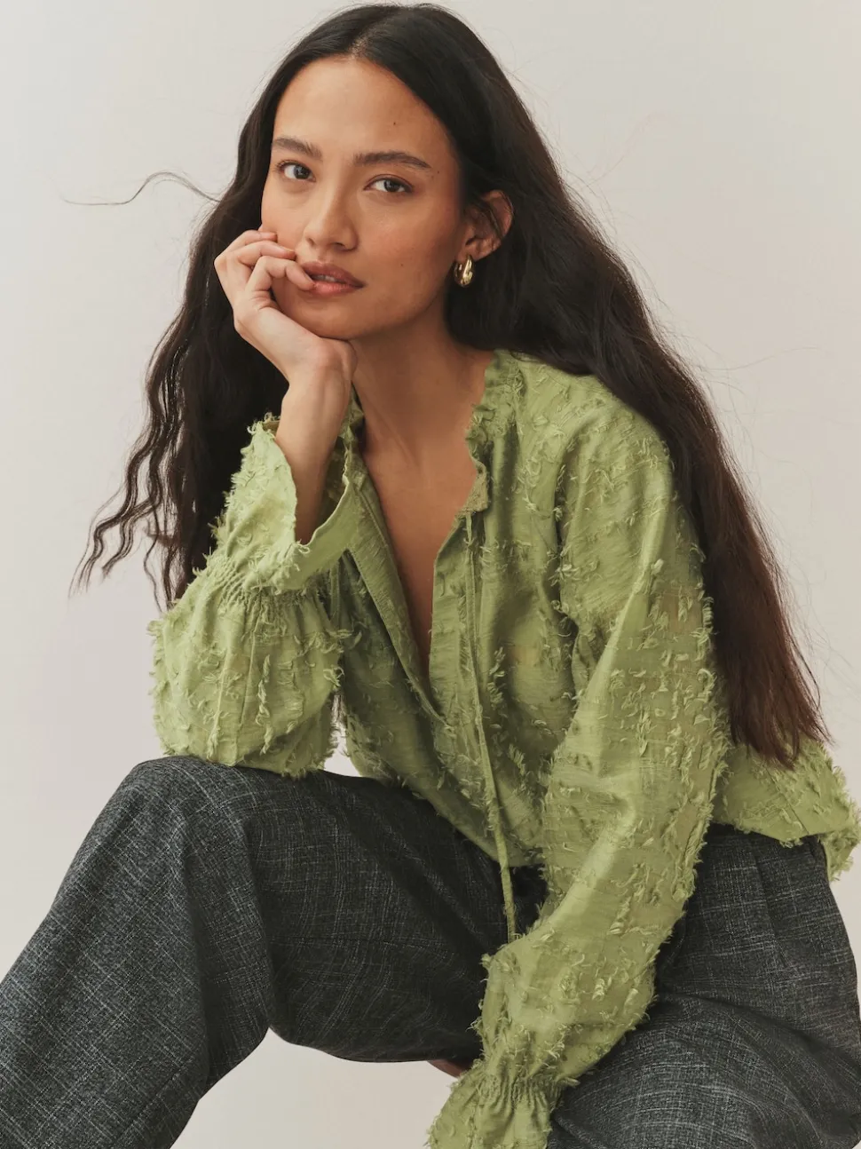 Olive Green Tufty Jacquard Long Sleeve Blouse