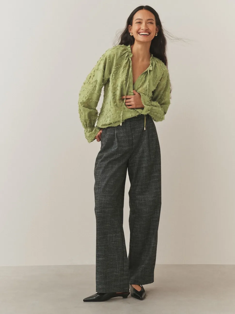 Olive Green Tufty Jacquard Long Sleeve Blouse