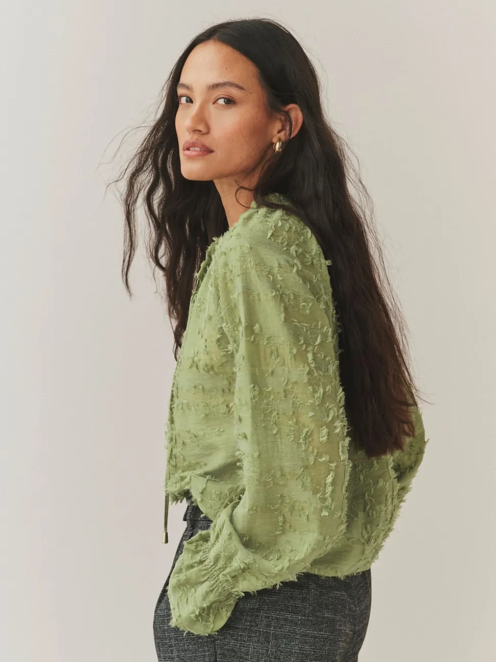 Olive Green Tufty Jacquard Long Sleeve Blouse