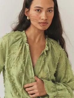 Olive Green Tufty Jacquard Long Sleeve Blouse
