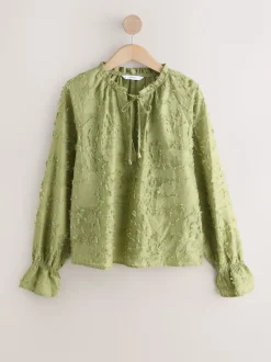 Olive Green Tufty Jacquard Long Sleeve Blouse
