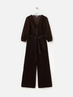 Oliver Bonas Brown Corduroy V-Neck Tie Waist Jumpsuit