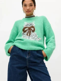 Oliver Bonas Green Cat Crew Neck Knitted Jumper