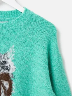 Oliver Bonas Green Cat Crew Neck Knitted Jumper