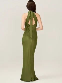 Omnes Green Milos Maxi Halter Neckline Dress with Back Bow Detail
