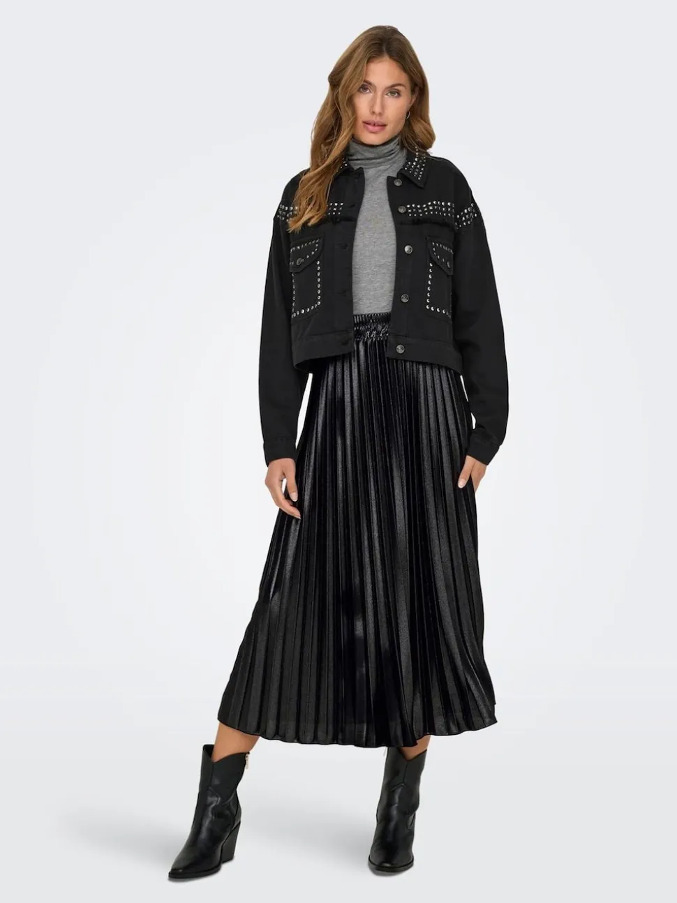 ONLY Black Metallic Pleated Midi Skirt
