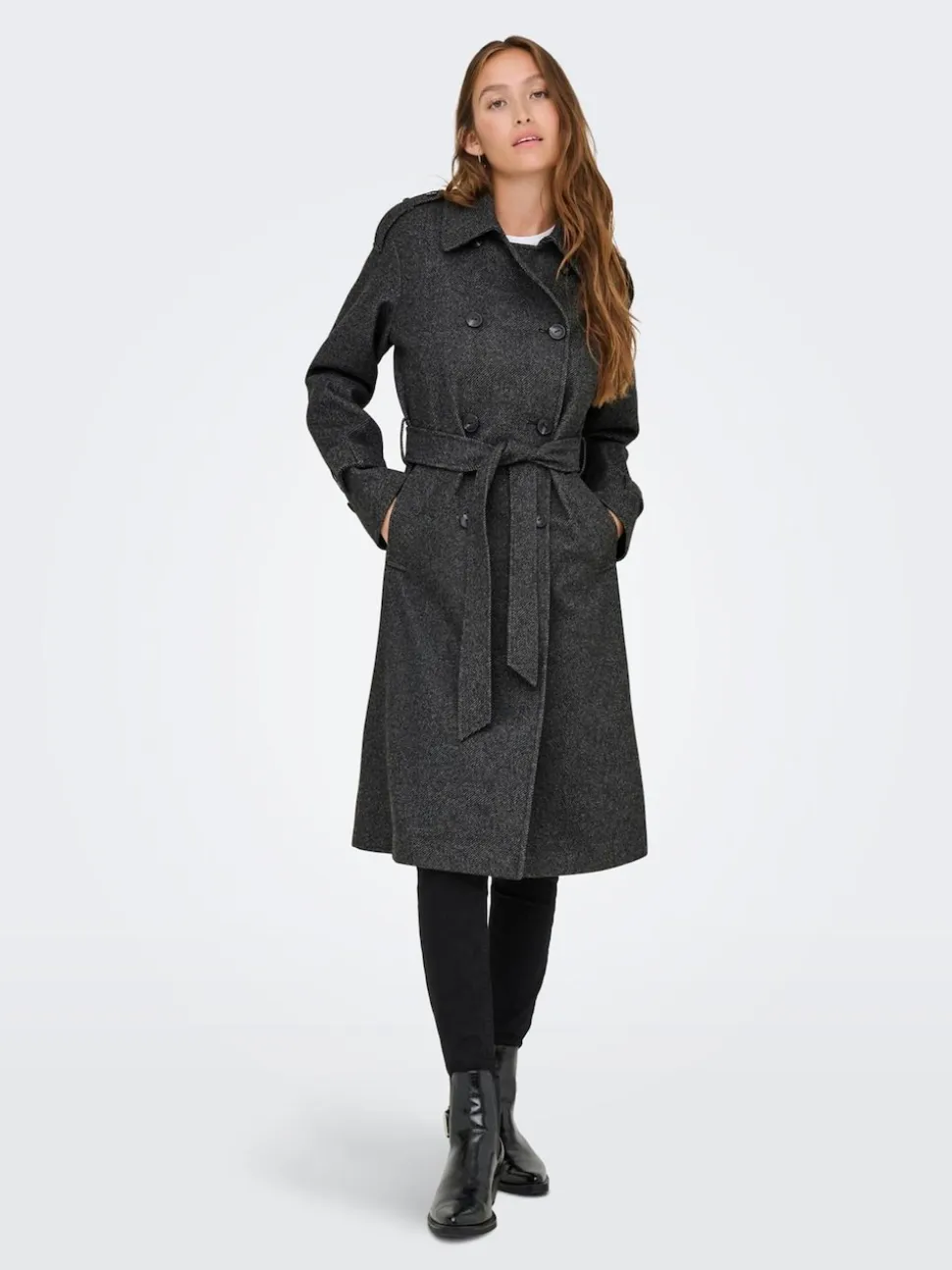 ONLY Grey Herringbone Winter Trench Coat