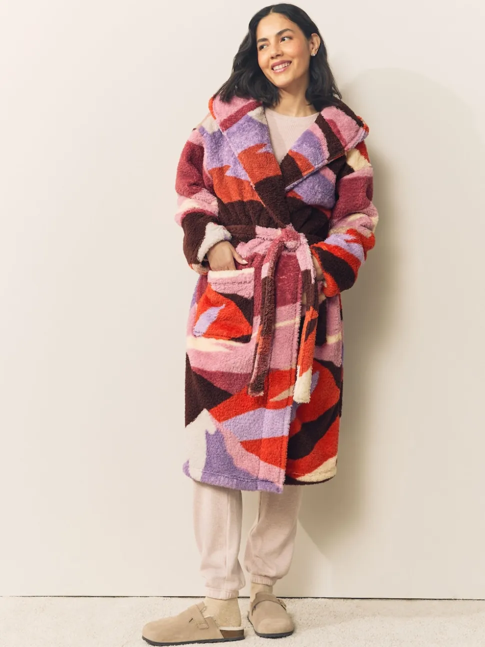 Orange Abstract Scene Print Teddy Borg Dressing Gown