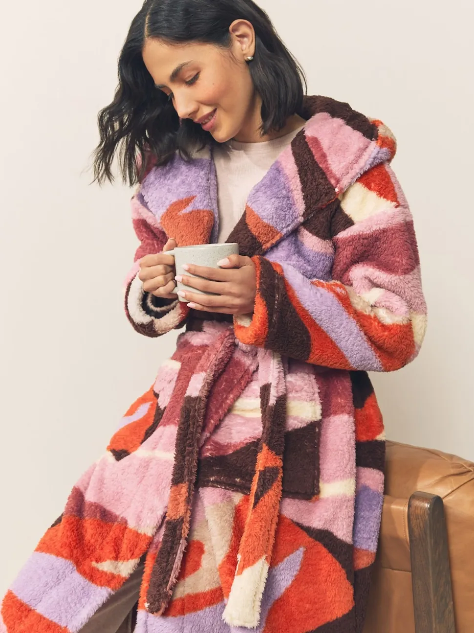Orange Abstract Scene Print Teddy Borg Dressing Gown