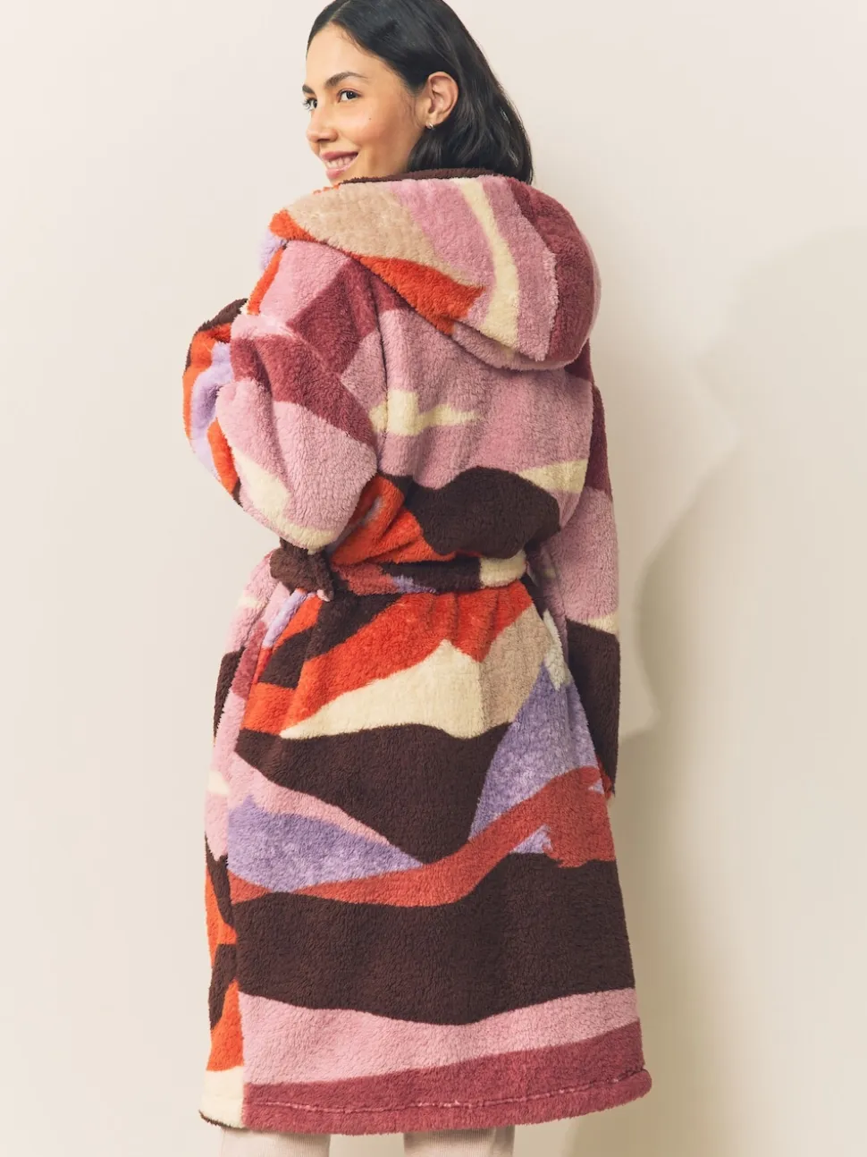 Orange Abstract Scene Print Teddy Borg Dressing Gown