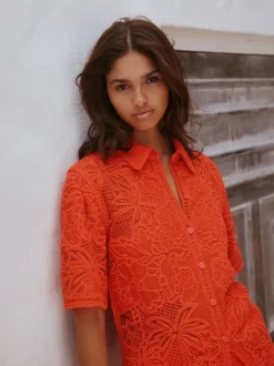 Orange Crochet Short Sleeve Shirt