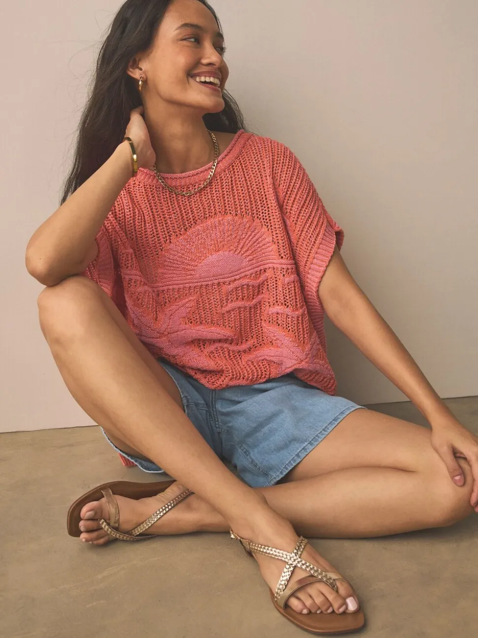 Orange Palm Knitted Tank Cover-Up