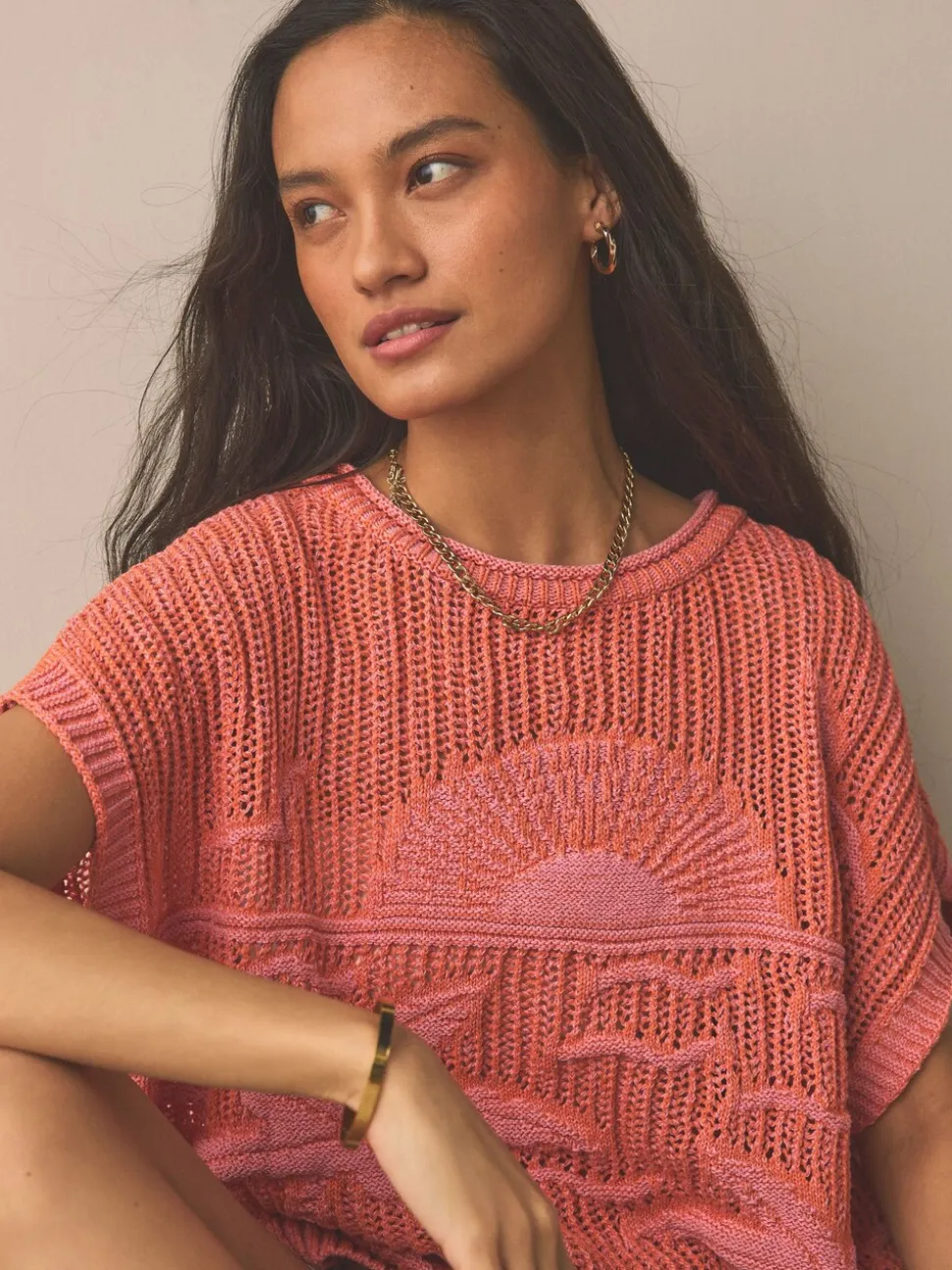 Orange Palm Knitted Tank Cover-Up