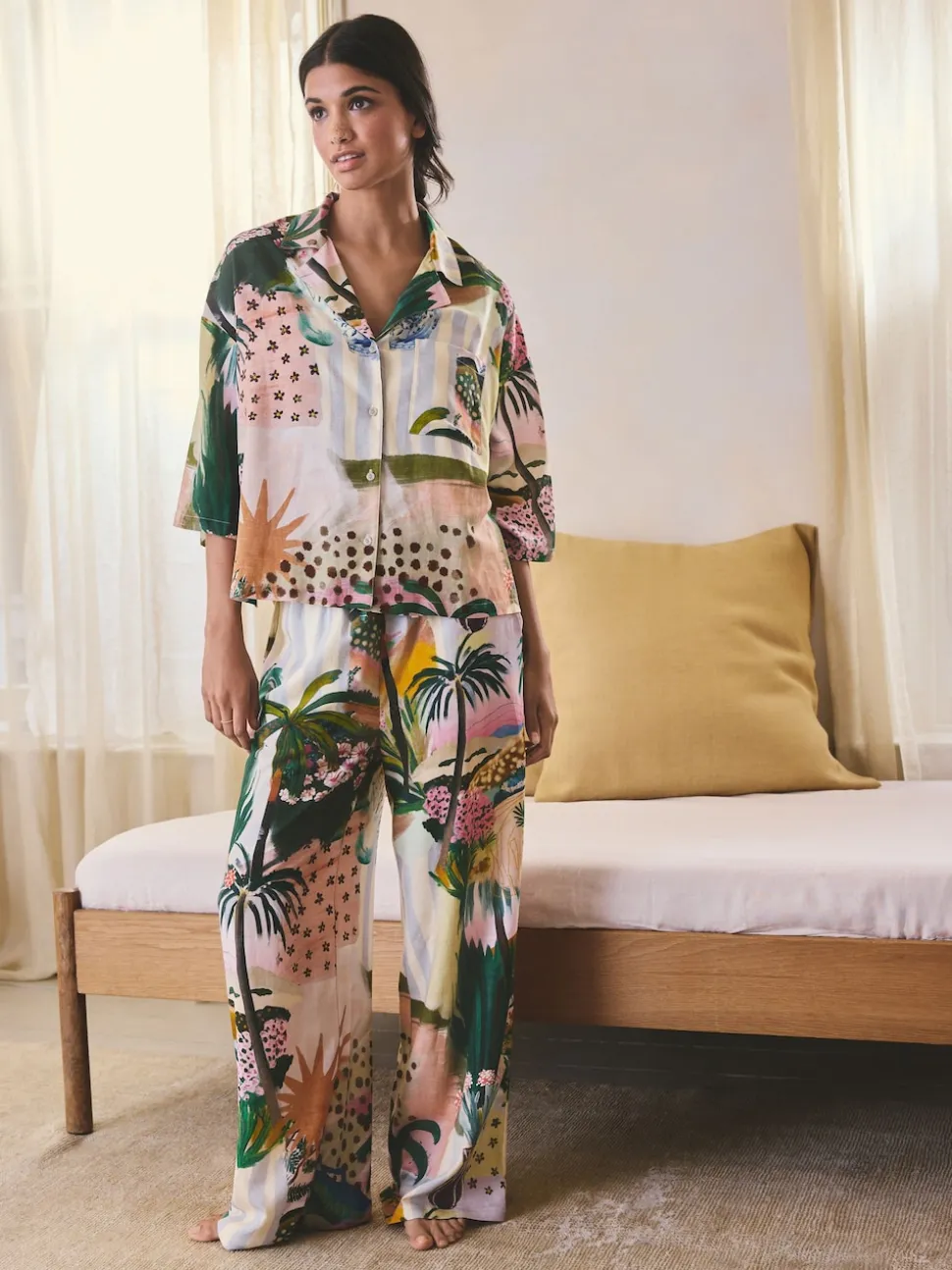 Orange Palms Viscose/Linen Blend Button Through Pyjamas