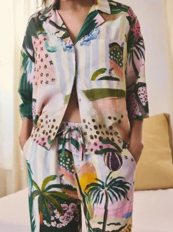 Orange Palms Viscose/Linen Blend Button Through Pyjamas