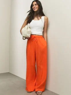 Orange Pull On Wide Leg Trousers With Linen