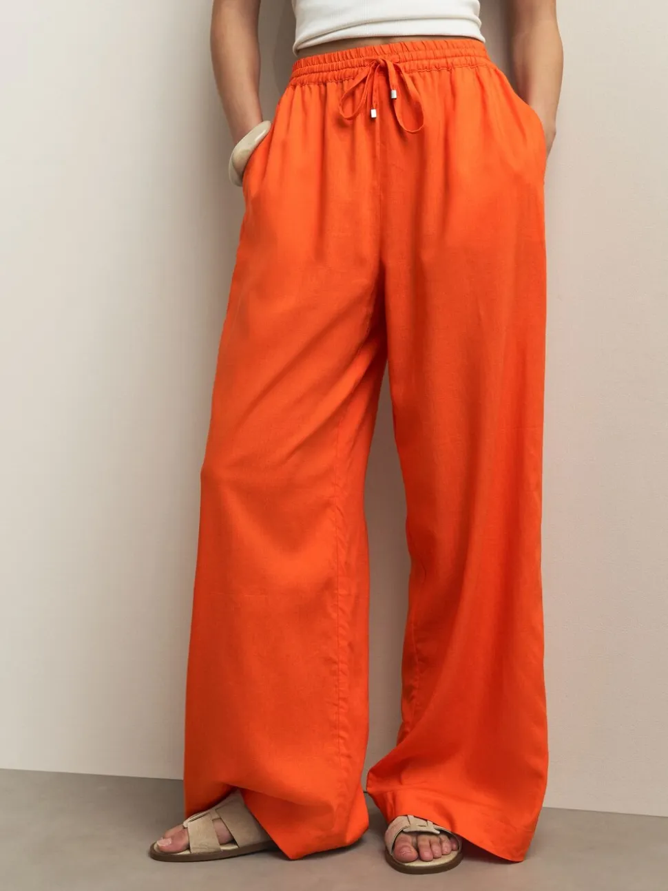Orange Pull On Wide Leg Trousers With Linen