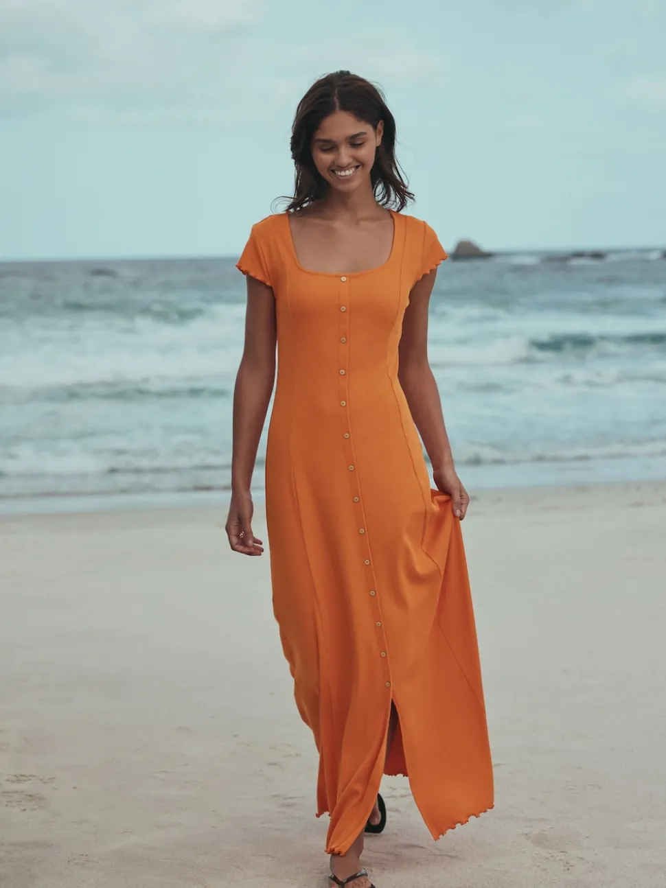 Orange Short Sleeve Jersey Button Through Maxi Dress