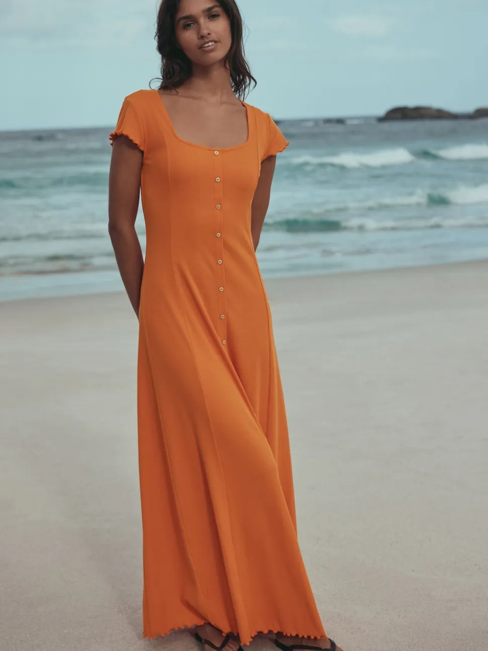 Orange Short Sleeve Jersey Button Through Maxi Dress