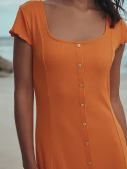 Orange Short Sleeve Jersey Button Through Maxi Dress