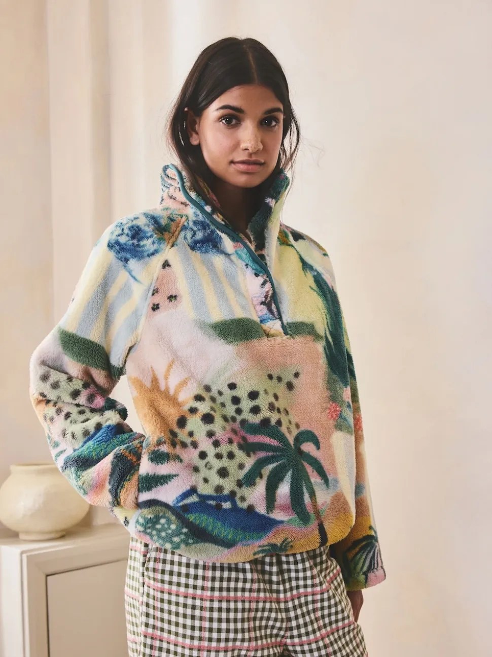 Orange Tropical Scene Printed Borg Fleece Top