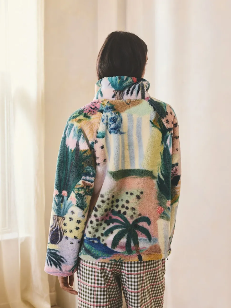 Orange Tropical Scene Printed Borg Fleece Top